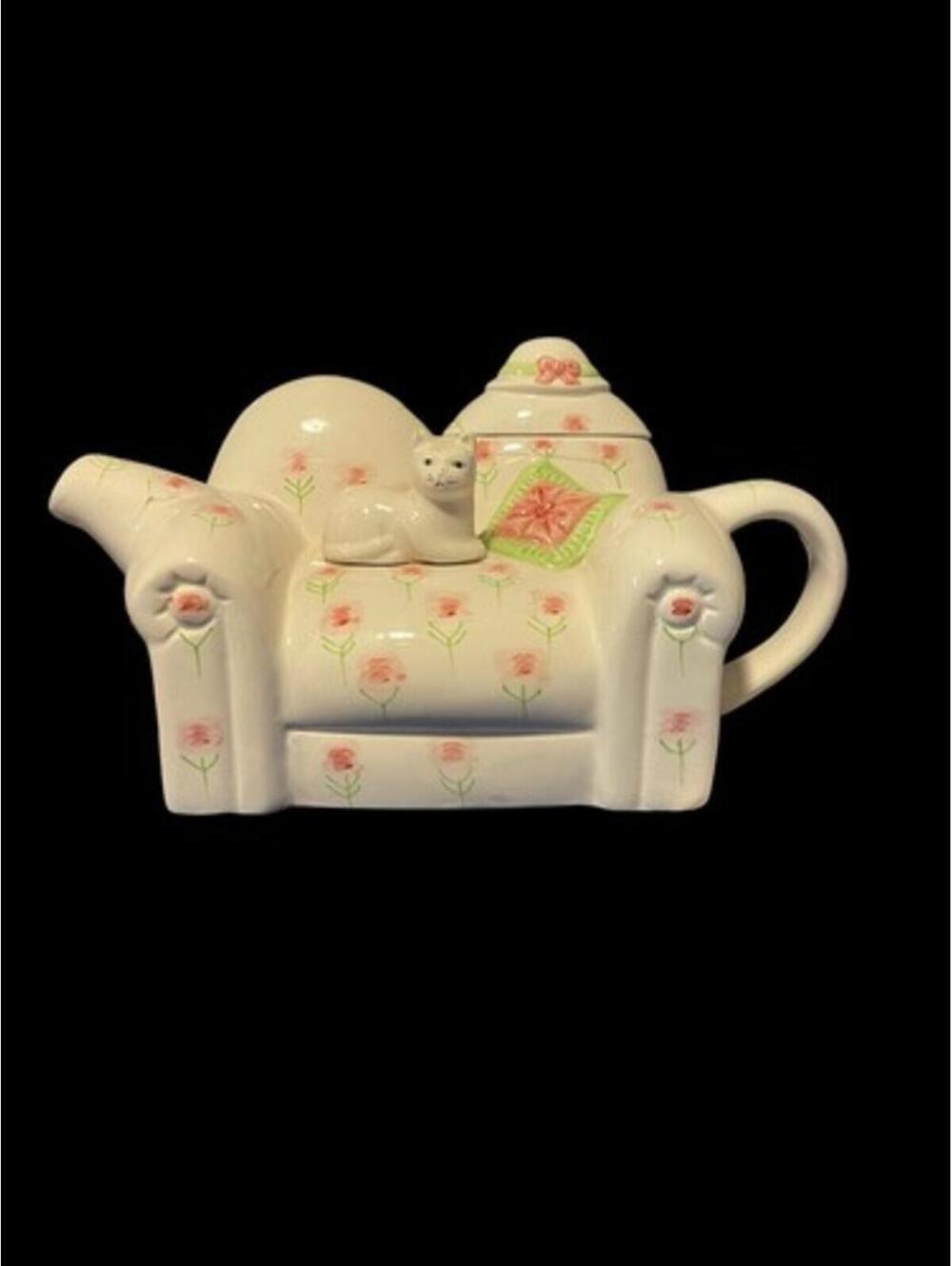 Vintage 1995 Cardinal Inc. Ceramic Novelty Teapot Floral Sofa Cat